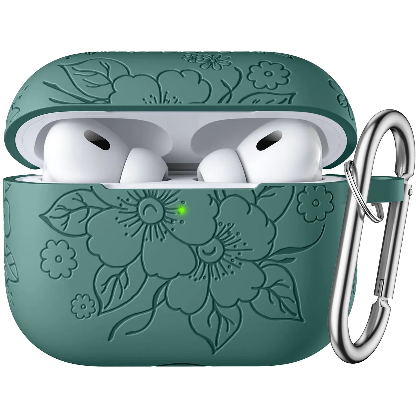 IMIVIO Flower Engraved Case Compatible with Airpods Pro 2nd Generation Case Soft Silicone Skin Full Protective Case with Keychain for Airpod Case 2nd/1st Generation Front LED Visible Pine Green